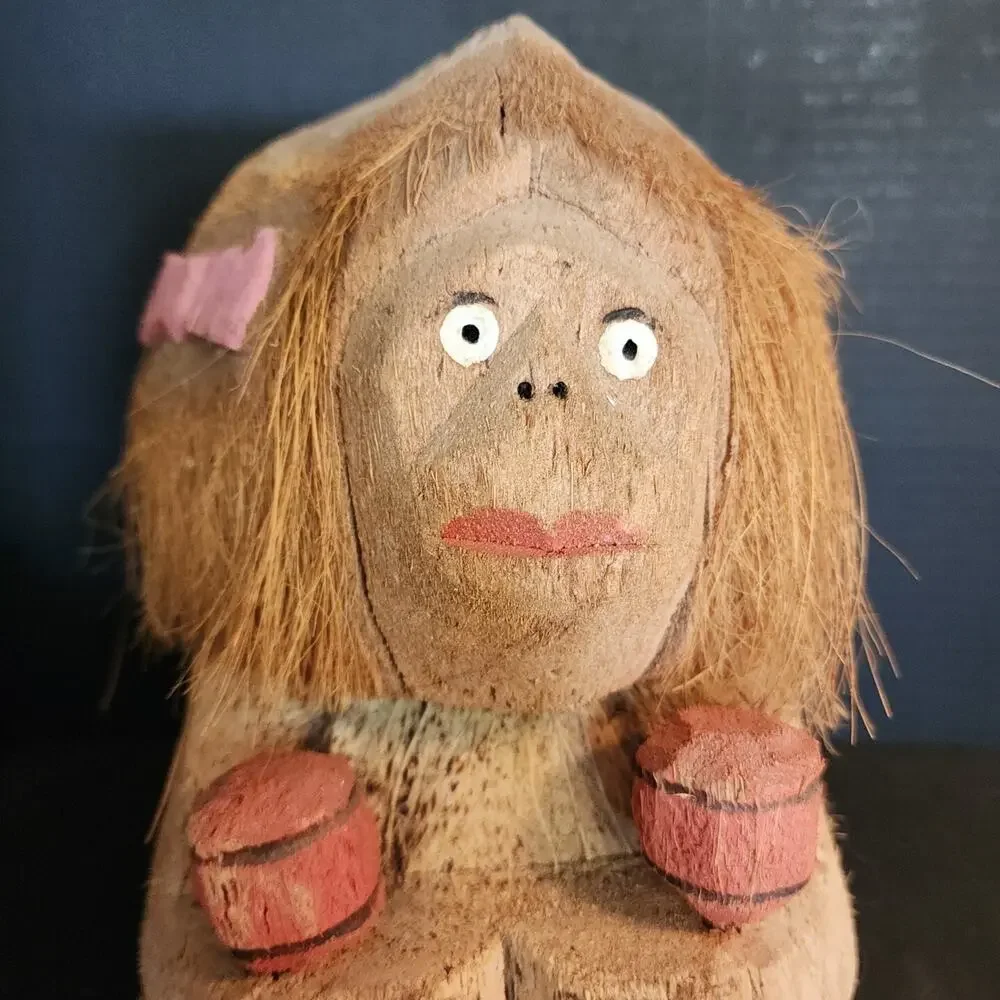 Vintage Carved Coconut, Figure Holding Maracas, Folk Art, Tiki Bar